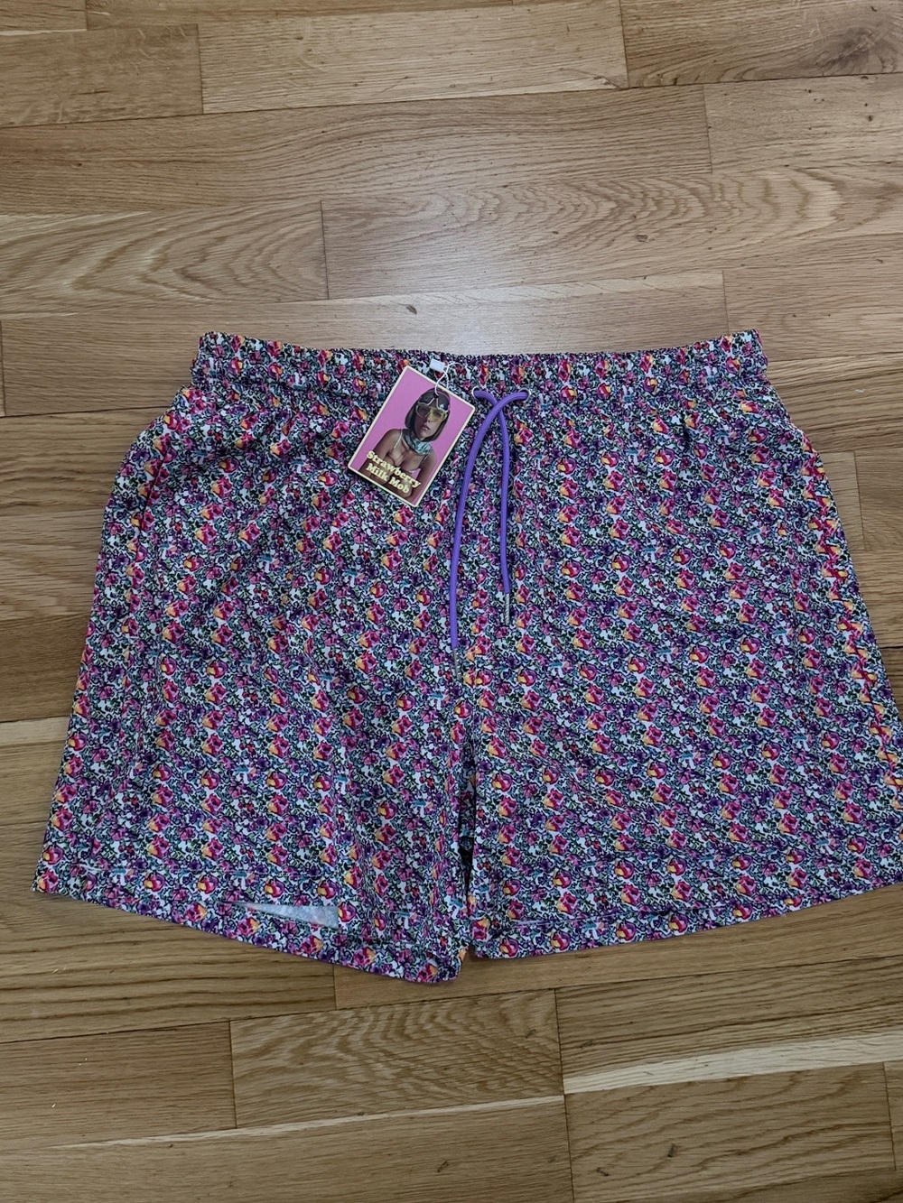 Strawberry Milk Mob Men's Floral Swim Trunks in Pink, Purple, Blue